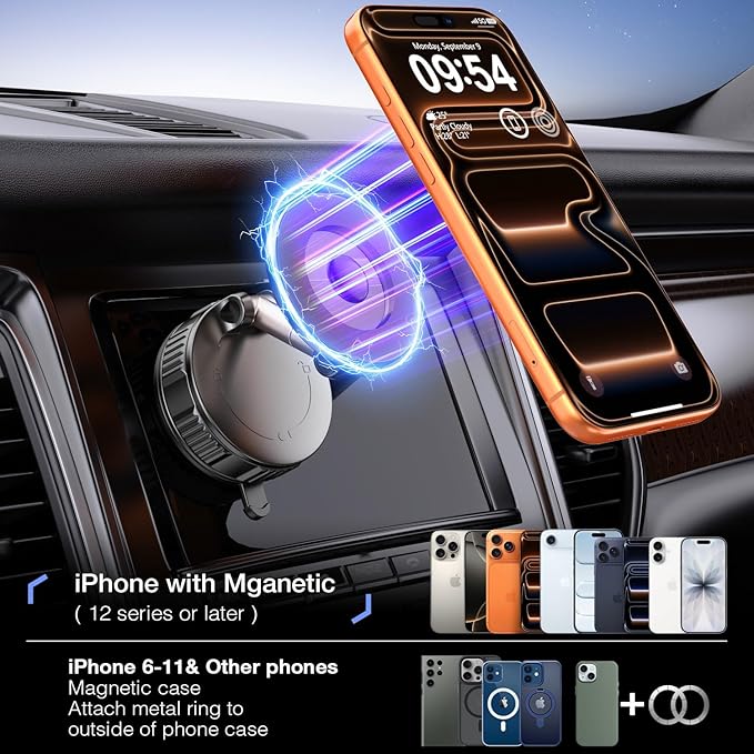Vooii Phone Holders for Your Car for Magsafe (130+LB Strongest Ever Suction & 3000gf Magnetic) 360° Adjustable Vacuum Car Phone Mount, Car Phone Holder for iPhone 17 Pro Max 16 15 14 13 12 Air Plus