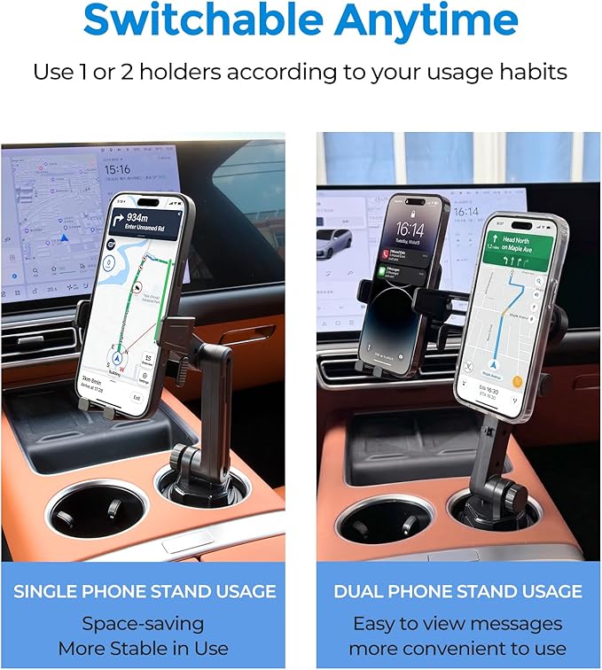 Dual Cup Phone Holder for Car, Cup Mount, Holds 2 Phones Simultaneously, car Phone Mount Compatible with MagSafe, Fits iPhone/Samsung/Motorola/Google/LG/TCL & 4.0-7.0 Inch Smartphones