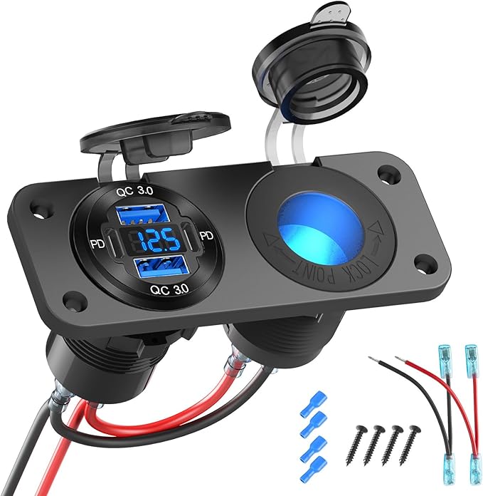 2025 Upgraded 4 Port 12 Volt USB Outlet Cigarette Lighter Socket Panel, Dual PD3.0 and Dual QC3.0 USB Ports Aluminum Car Charger with Voltmeter, Lighted 150W Socket, 2 in 1 DIY Kit for Boat RV, etc.