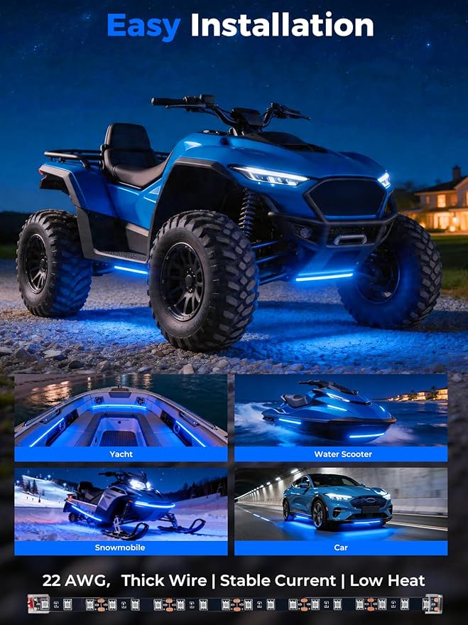 LED Strip Lights 12V Cuttable IP68 Waterproof 12 Inch Interior Exterior Underbody Light for Car SUV Truck Motorcycle Boat Golf Cart 18 SMD 5050 Blue 4 Pack