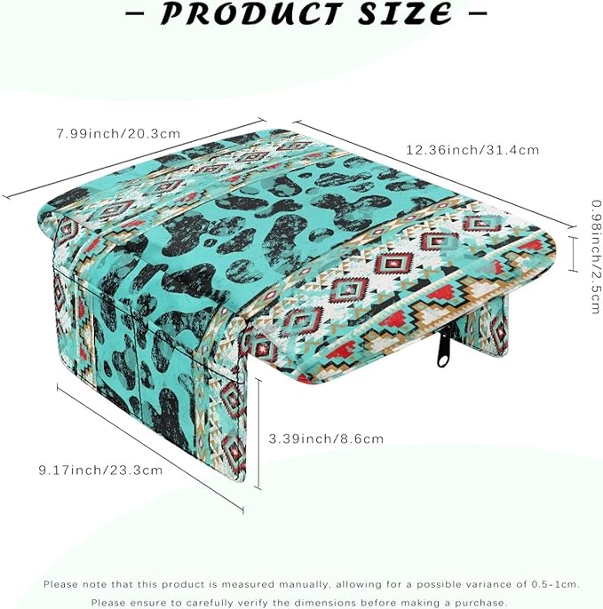 Wanyint Aztec Cow Print Teal Auto Center Console Armrest Cover Arm Rest Seat Box Protective Cover with Side Storage Pockets Comfortable Middle Console Pad for Car Side Storage Box