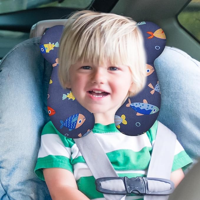 Baby Travel Pillow, Upgrade U-Shape Infant Pillow for Car Seat Pushchair and Stroller, Soft Comfortable Sleep Cushion for Kids Newborn and Toddler -Fish DarkBlue