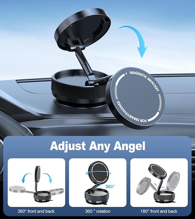 Suction Cup Phone Mount, Vacuum Magnetic Phone Holder Stand for Car, 5 Nano Gel Pads for Smooth/Rough Surfaces, 360° Rotatable Strong Grip Phone Stand for All Smartphones, Driving Home (Black)