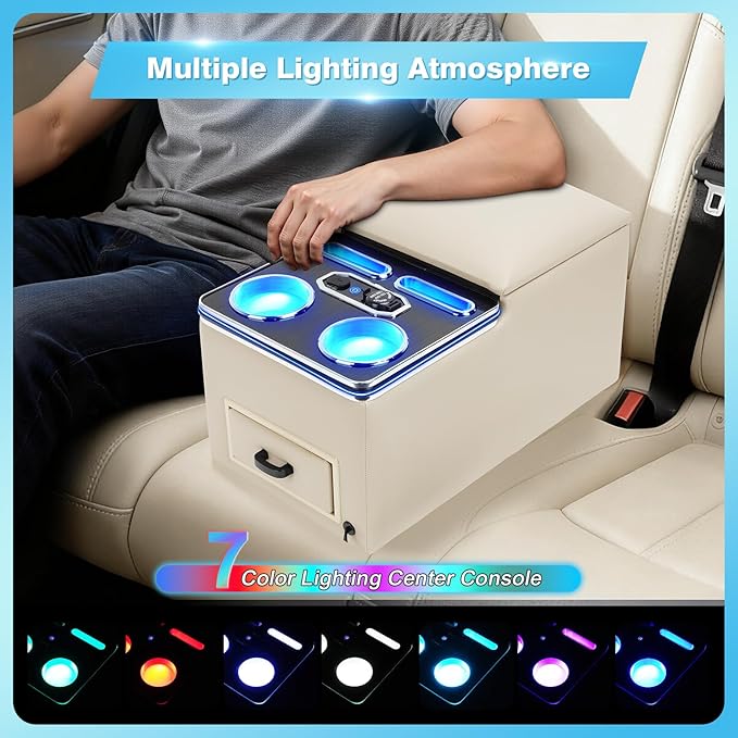 Center Console, Universal Bench Seat Center Console with Fast Phone Charging， Back Seat Car Organizer, Automotive Center Console with Cup Holder & Phone Holder (Beige)