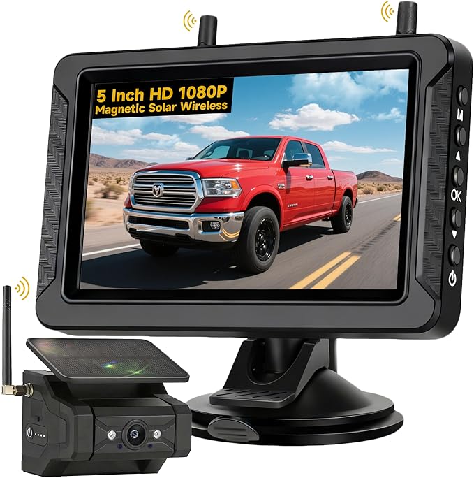 Magnetic Solar Wireless Backup Camera for Truck RV Car Trailer Pickup: HD 1080P No Wiring No Drilling IR Night Vision IP69K Waterproof Rechargeable Portable Backup Camera with 5" IPS 2-Split Monitor