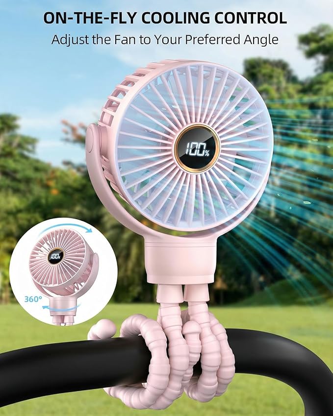 Portable Stroller Mini Fan, Small Rechargeable Personal Cooler w/ 360° Rotation, 3-Speed, Display, Battery Powered Stroller Accessories, Baby Essentials for Car Seat, Crib, Bike, Treadmill, Sakura