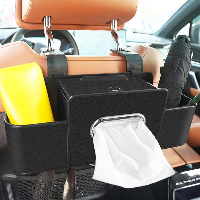 Car Back Seat Organizer with Multi-Pocket Design Leather Organizer with Cup Holders, Tissue Box, and Storage Hooks for Car Interiors - Universal Compatibility-black