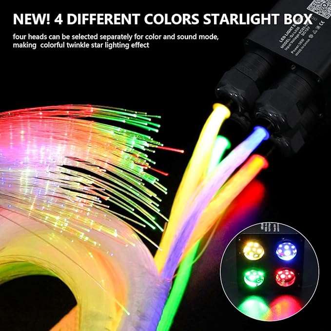 AMKI Updated 4Color Meteor Twinkle 36w Starlight Headliner Kits 1200pcs 0.03in 13.1ft, 240pcs RGB Meteor Shooting Star Cable, 2 in 1 Fiber Optic Light Box RGBW Sound Activated Mode for Car& Home Decor