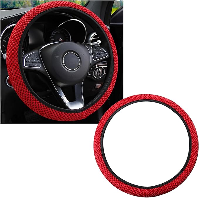 Kewucn Car Elastic Stretch Steering Wheel Cover, Soft Microfiber Breathable Ice Silk, Universal 15 Inch Anti-Slip Auto Steering Wheel Protector, Fit Car, SUV, Van, Sedan, Truck (Red)