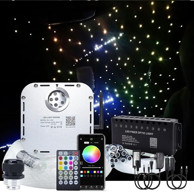 AKEPO 32W RGBW Bluetooth App Control+Twinkle+Music Mode+Shooting Star Effect Fiber Optic Lights Kit, Star Ceiling Sky Light 800pcs of (0.75+1+1.5mm) 16.4ft/5m Fiber Strands for Car Home Movie Theater