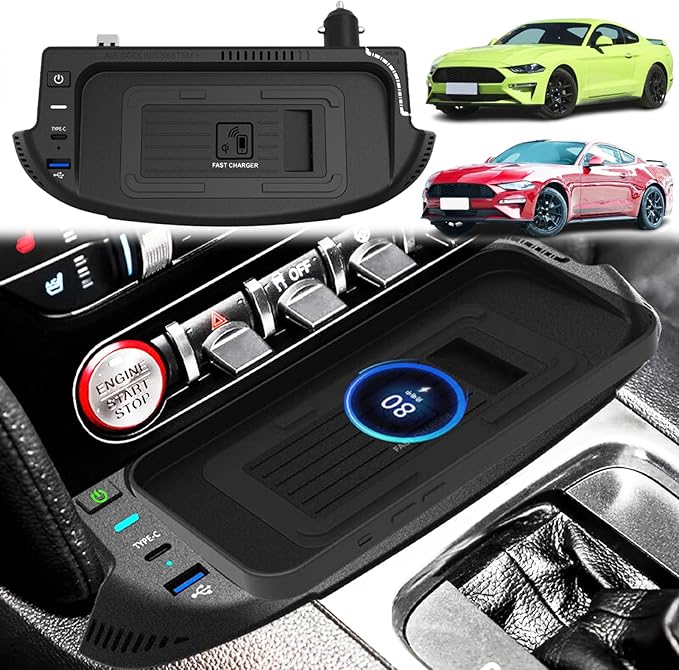 Wireless Car Charger for Ford Mustang 2015 2016 2017 2018 2019 2020 2021 2022 2023 with 27W USB & Type-C Center Console Accessory Panel, Fast Charger for i-Phone Sam-Sung