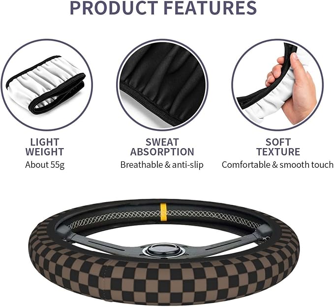 Checkered Black Brown Steering Wheel Cover Black Brown Checkered Steering Wheel Cover Anti-Slip Breathable Universal for 15 Inch Car with 2 Pieces Car Coasters Suitable