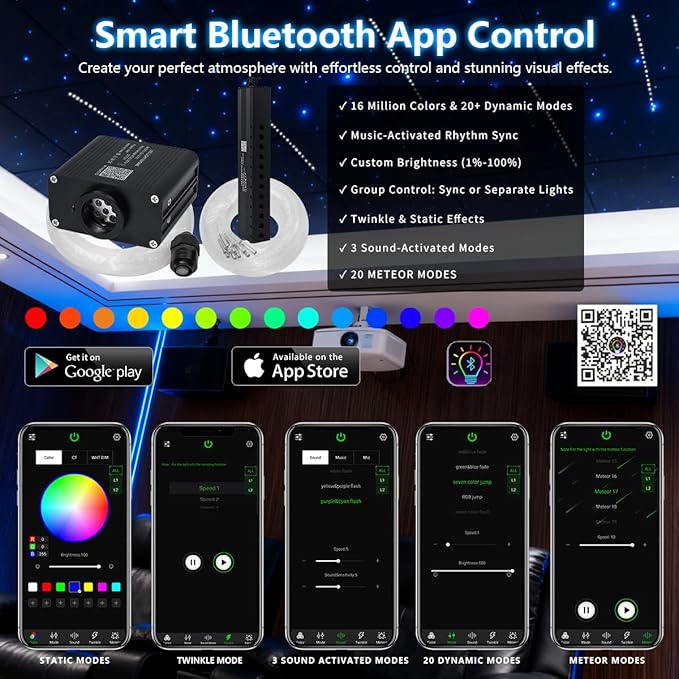 Starlight Headliner Kit 500 Piece Twinkle 0.03in(6.5ft/2m) with White Meteor Fiber Optic Light Kits Car Roof Lights RGBW Music Activated/APP Control Star Lights for Car Theater Game Bed Room Ceiling