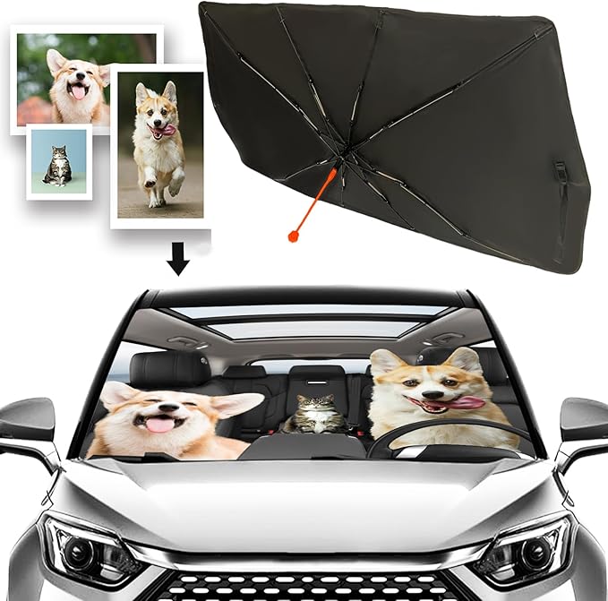 Socira Pet Dog Cat Custom Windshield Sun Shade Umbrella Foldable Personalized Car Visor Umbrella Customized Sun Shade Cover Sunshade Front Window Cover Car Accessories 57" X 30"