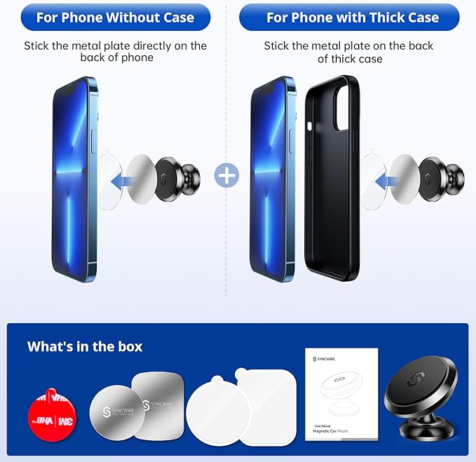 SYNCWIRE Magnetic Car Phone Holder for Dashboard, Cell Phone Car Kits, 360° Adjustable Magnet Cell Phone Mount Compatible with iPhone, Samsung, LG, GPS, Mini Tablet and More