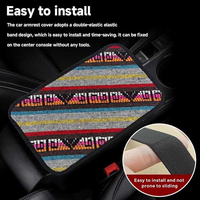 Bohemian Universal Armrest Cover Pad, Car Center Console Cushion, Boho Ethnic Style Auto Armrest Decorative Pad with Elastic Straps, Car Arm Rest Cover Protector for Vehicles (Armrest Cover-C)