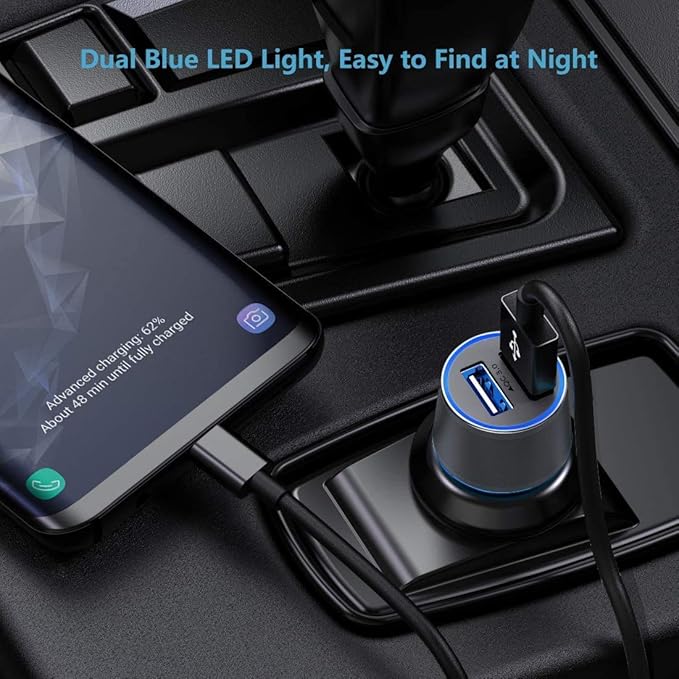 Fast USB Car Charger for Samsung Galaxy A56/A55/A54/A53/A50/A17/A16/A15/A14/S26/S25/S24/S23/S22/S21 Plus/Ultra/Note 20/A21/A31/A51 Quick Charge 3.0 Dual USB Rapid Car Charger with Type C Cable 3.3ft