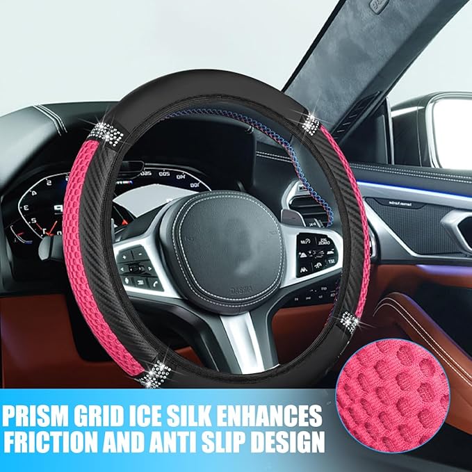 Bling Car Steering Wheel Cover, 15 Inch Elastic Stretch Crystal Rhinestone Vehicle Steering Wheel Protector, Anti-Slip Auto Interior Protective Cover, Universal for SUV RV Truck (Pink)