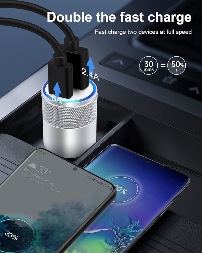 30W USB C Car Charger, [2Pack]3.0 Fast Charge Dual Port USB Type C and 2.4a USB A Cargador Carro Lighter Adapter for iPhone, Tablet, iPad, Samsung Galaxy, LG, Google Pixel GPS, Z Play Droid, Motorola