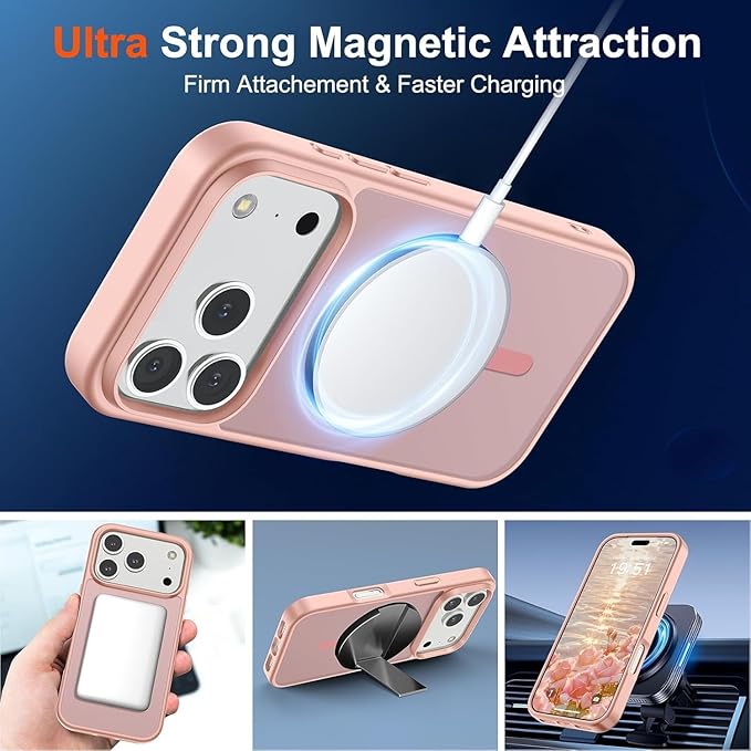 SUPFINE Magnetic for iPhone 17 Pro Case (Compatible with MagSafe)(Military Grade Drop Protection) Translucent Matte Shockproof with Anti-Fingerprint Phone Cover,Pink