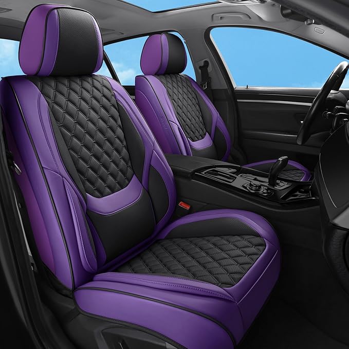 Car Seat Covers Front Seat Purple Black, Luxury Faux Leather Waterproof Non-Slip Seat Protector Universal Fit for Most Cars SUVs Trucks Pick-ups,Car Interior Accessories（Purple Black-Front）