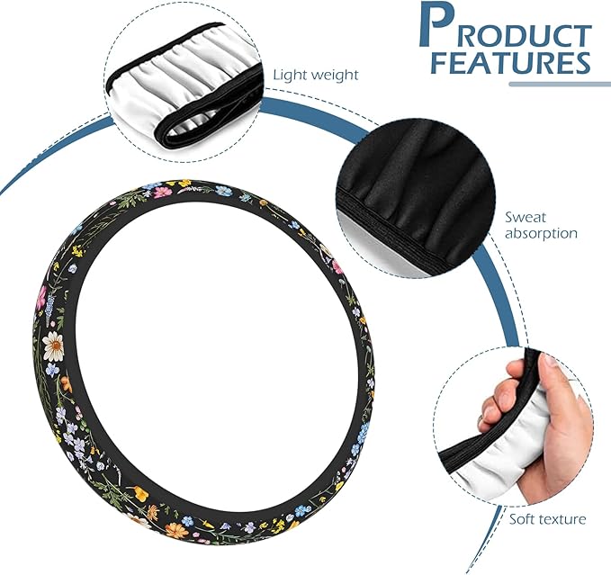 Flower Steering Wheel Cover, Cute Breathable Steer Wheel Protection Cover, Auto Non-slip Wildflowers Steering Protector, Universal for Most Cars, Trucks, SUVs (Multicolored)