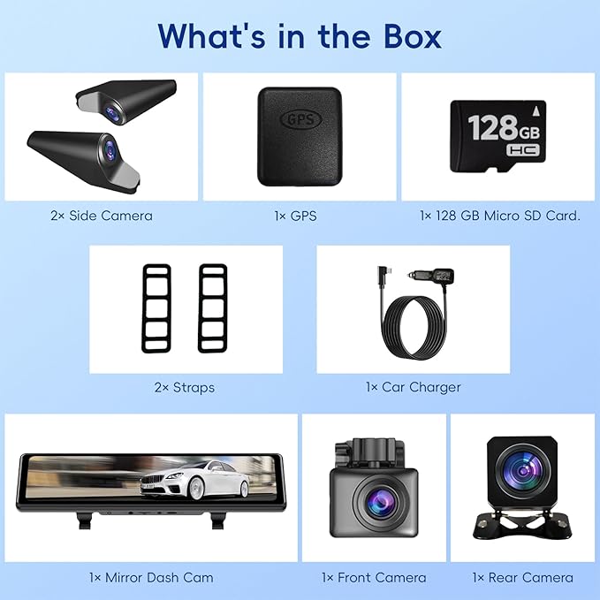 4 Camera System,10" AHD Mirror Rear View Dash Cam, Touch Screen Dash Cam with 128GB Card/Reverse line/WiFi/APP/1080P Night Vision for Car,Pickup,Truck,RV,Bus,SUV,MPV