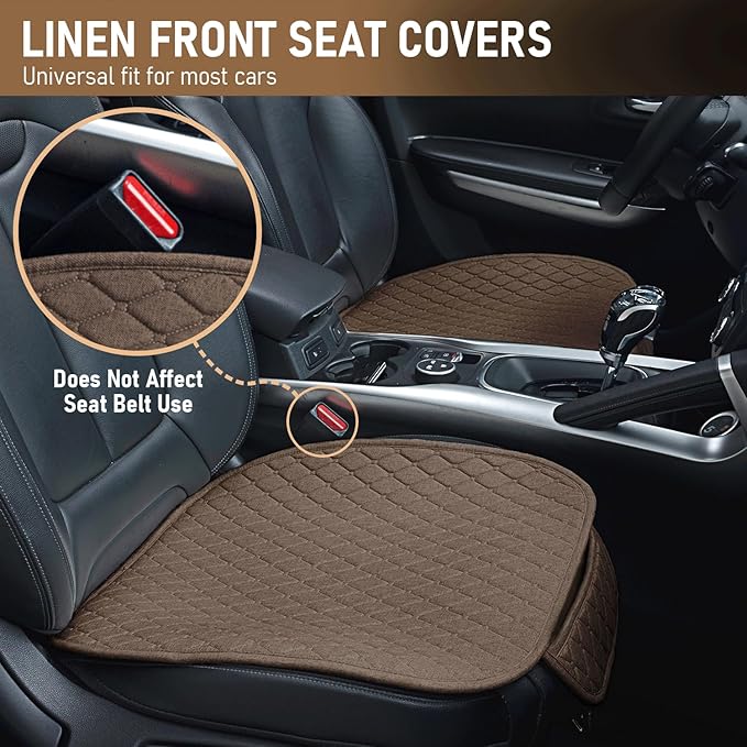 3 PCS Linen Car Seat Covers with Storage Pocket, Back Seat Covers Protectors with Non-Slip, Breathable Bench Seat Covers Universal Fit for SUVs, Cars, Trucks (Brown)