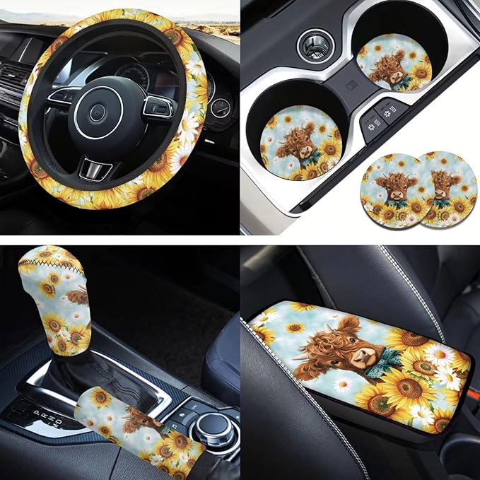 Highland Cow Print Car Accessories 6 Pcs Sets Sunflower Car Steering Wheel Cover Set for Men Women Cup Coaster Cars Armrest Cover Fits Most Cars Trucks Vans SUV