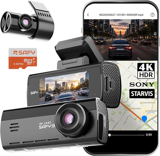 BlackVue SAFY9 2CH 64GB Dashcam - 4K+1080P Dash Cam Front and Rear, HDR Front, AI Night Vision, SD Card Included, Wi-Fi, GPS, 24-Hour Parking Guard, LCD Display