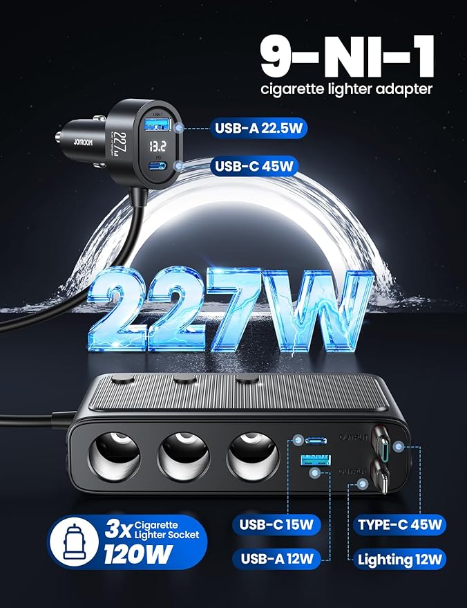JOYROOM 9 in 1 Cigarette Lighter Splitter, 227W Dual Retractable Car Charger - 45W/24V(36W/12V) USB C Fast Charger for iPhone 17/Samsung, Independent Switches Cigarette Lighter Adapter for Car Devices