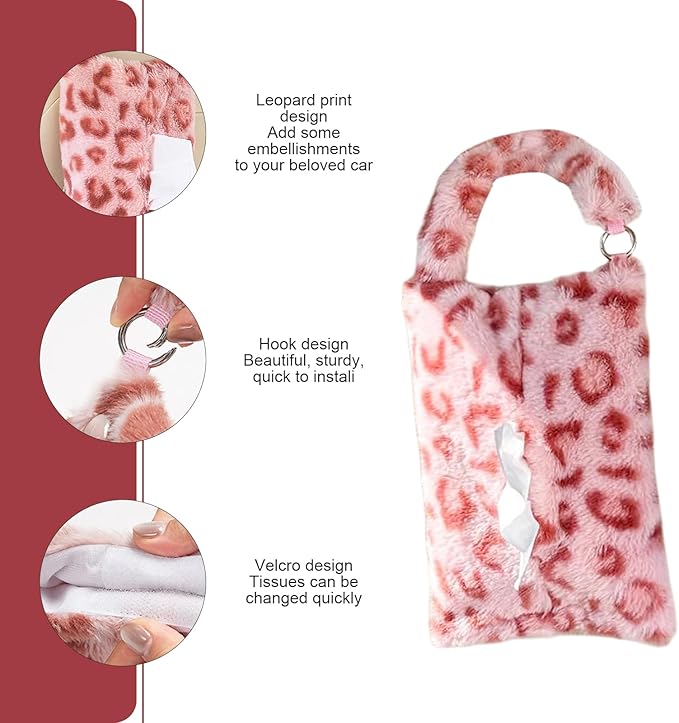 Leopard Print Car Tissue Bag, Cute Plush Hanging Tissue Holder, Multi-Functional Car Backseat Hanging Storage Bag, Universal for Small-Size Tissues (Pink)