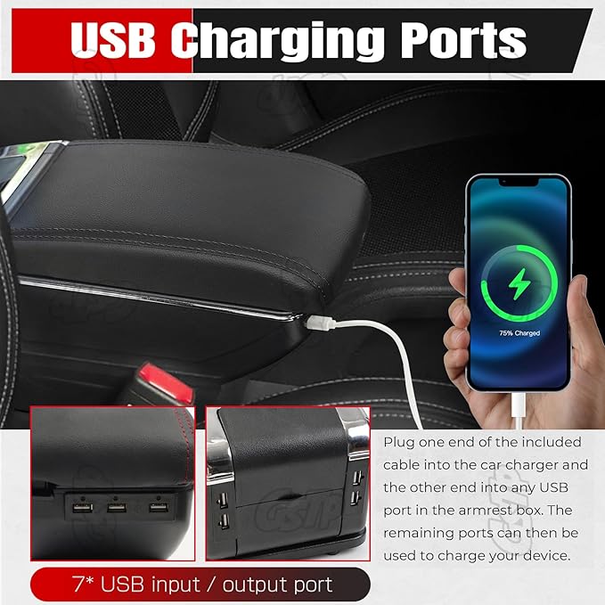 Center Console Armrest Compatible with Toyota Yaris iA Sedan 2017 2018 with 7 USB Port Cup Holder Double Layer Organizer Storage Box (All Black)
