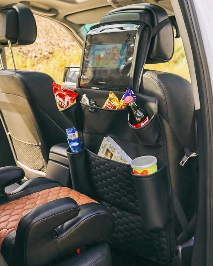 Owleys Set Seat Back Organizer & Car Seat Protector Hexy Waterproof & Non-Slip Protector for Child Car Cushion for Leather and Fabric Seats (Black Set 1)