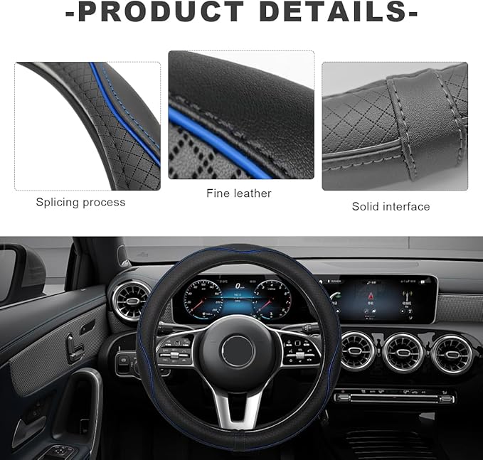 Car Steering Wheel Cover, 15 Inch Anti-Slip Breathable Leather Auto Steering Wheel Protector, Full Surround Soft Steering Wheel Cover for Men Women, Car Interior Accessories (Black & Blue)