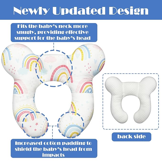 Baby Head Support Pillow for Newborn Toddler, Baby Neck Pillow Upgraded Comfortable Sleep Cushion for Car Plane Stroller Pushchair - Rainbow A