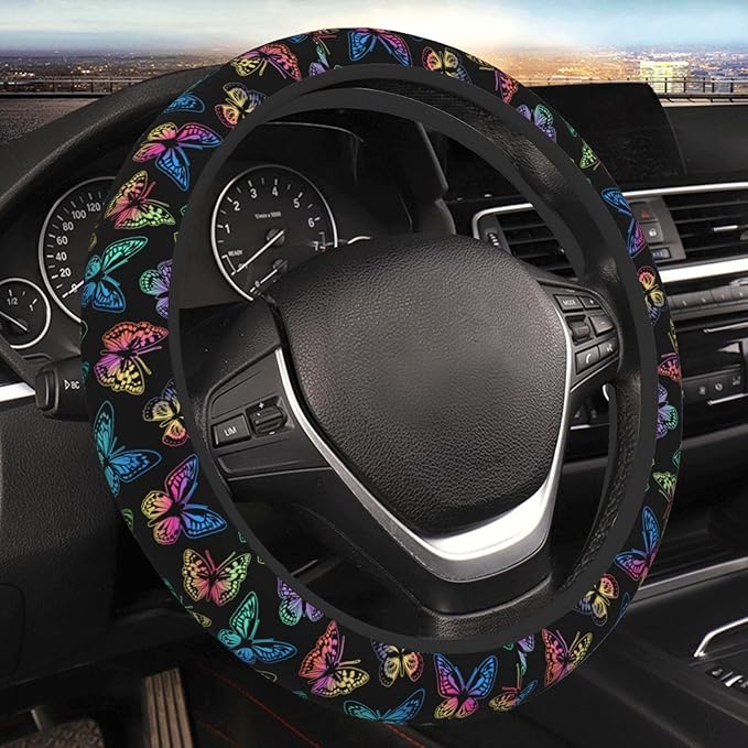 Colorful Butterfly Steering Wheel Cover Women Men Elastic Stretch Soft Car Wheel Protector Universal Breathable No-Slip Car Accessories for Truck Van SUV Auto Fit 14-15 Inches