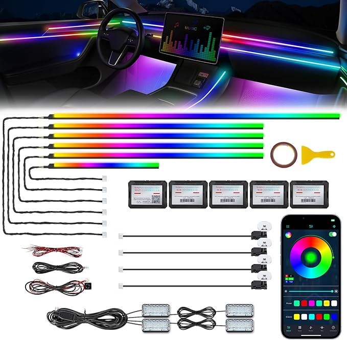 Dreamcolor Acrylic Interior Car LED Strip Light with Wireless APP, RGB 14 in 1 with 175 inches 600 LEDs Fiber Optic Car Ambient Lighting Kits, Music Sync Function Neon LED Strip for Car Accessories