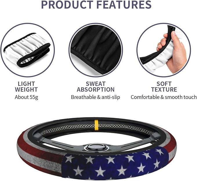 American Flag Steering Wheel Cover - Vintage American Flag Steering Wheel Cover Anti-Slip Breathable Universal for 15 Inch Car with 2 Pieces Car Coasters Suitable for Men Women