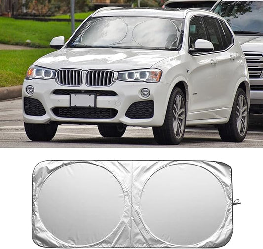 Foldable Windshield Sun Shade, Bonus Steering Wheel Sun Shield to Block UV Rays Keep Your Vehicle Cooler, Easy to Use Car Interior Accessories (Large)