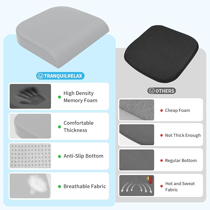 Large Seat Cushion, Memory Foam Cushion for Long Sitting Hours on Office Chair, Home & Car, Non-Slip Chair Pad for Relieving Back & Sciatica & Hip & Coccyx Pain (Light Grey)