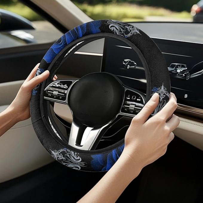 AFPANQZ Car Steering Wheel Covers Universal 15 inch Fit Almost Car Blue Rose Steering Wheel Covers Comfortable Soft Sweat Absorbing Steering Wheel Stretch-on Protector Cover Auto Decoration