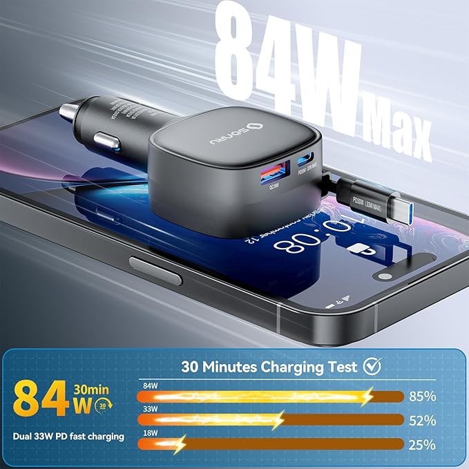 84W Max Retractable Fast Car Charger, Dual PD 33W USB C Car Charger, Cigarette Lighter Adapter with Built-in Retractable Cable for iPhone15/16/17, Samsung, Android, Equipped with a 31.5 inch Cable