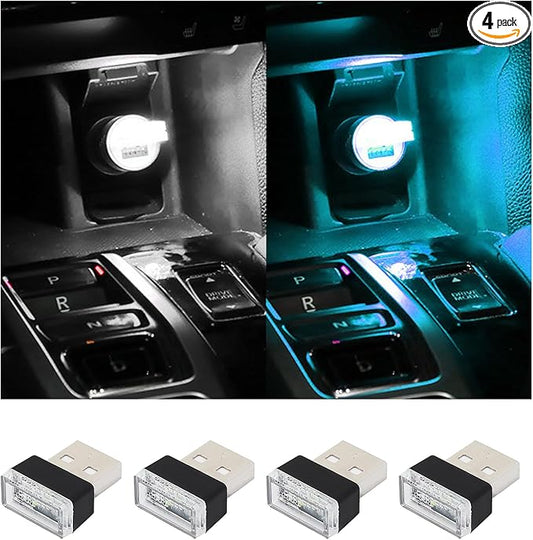 Augeny 4 PCS USB LED Car Interior Atmosphere Lamp, Plug-in USB Decor Night Light, Portable Auto Ambient Lighting Kit, Universal Vehicle Interior Accessories for Most Cars (White & Ice Blue)