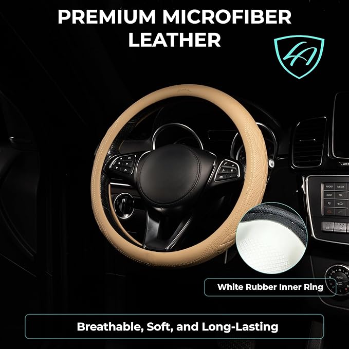 Lord Autofashion Steering Wheel Cover – PU Leather, Non-Slip Rubber Inner, All-Season Comfort – 14.5–15 Inch (Beige 9366)