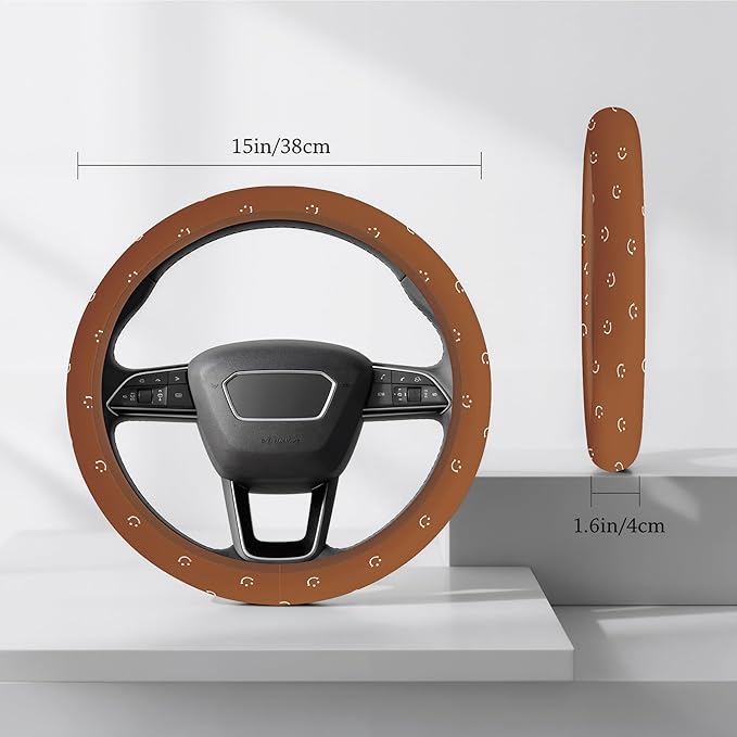 Soft Brown Steering Wheel Cover Cute Cloth Fabric Car Wheel Cover Breathable Washable Cool in Summer Universal 14.5 15 Inch