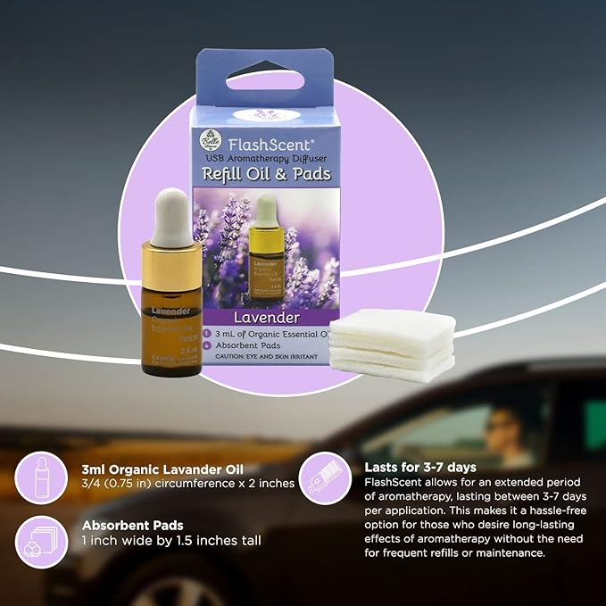 FlashScent USB Aromatherapy Essential Oil Diffuser for Home, Work, Car Refill Kit - Includes 2.5mL Bottle of 100% Pure Lavender Essential Oil and 4 Scent Pads for Our USB Diffuser