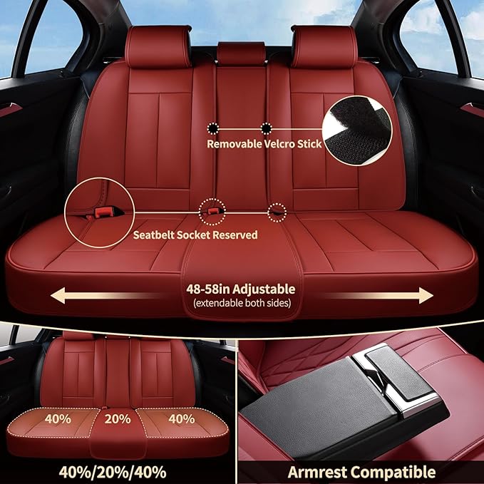 FLORICH Car Seat Cover Full Set, Red Automotive Seat Covers, Luxury Faux Nappa Leather Car Seat Protectors, Car Seat Cushions Universal Fit for Most Sedans SUVs Trucks - Red