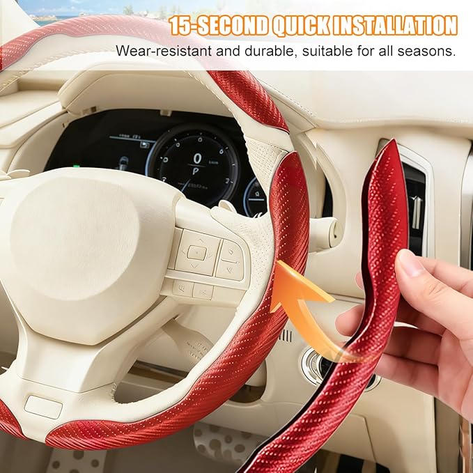 3PCS Carbon Fiber Car Steering Wheel Cover, Leather Segmented Anti-Skid Steering Wheel Protector, Snap on Automotive Interior Protection Accessories, Universal for Vehicles (Red)