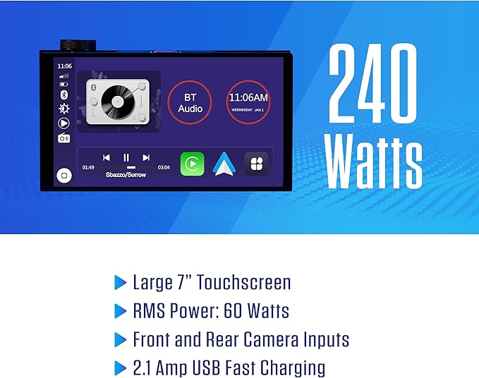 JENSEN J5UP7 7-inch Top Mount Control Touchscreen Receiver with Certified Wireless Apple Carplay Android Auto | Double DIN Car Stereo with Bluetooth | IllumiNITE Custom Colors | Backup Camera Input